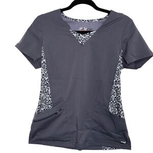 Grey's Anatomy Scrub Top Womens XS Gray Excellent Leopard Print Spandex Stretch